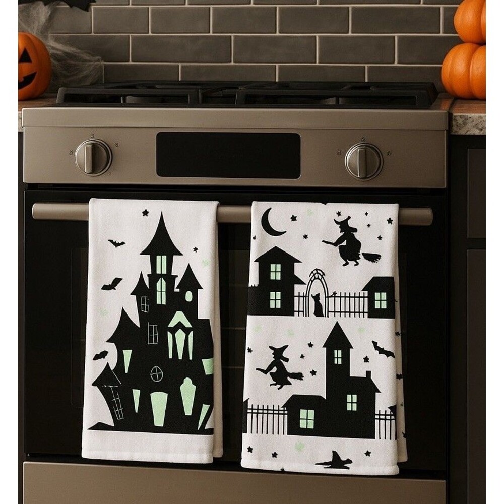 Fao‎ Schwarz Halloween Kitchen Towels Set Haunted House Witch Bat Glow Decor